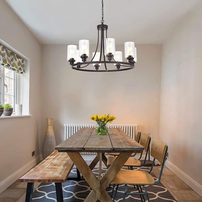 MELUCEE 8 Lights Large Farmhouse Chandelier Wagon Wheel, Industrial Island Lights for Kitchen Dining Room Lighting Fixtures Hanging Oil Rubbed Bronze Finish