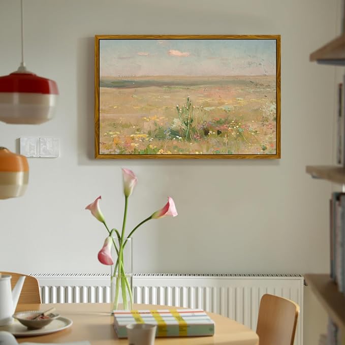 crmotu Vintage Framed Wall Art, Meadow Landscape Canvas Prints, Wildness Scenery Nature Wall Decor Pictures, Watercolor Aesthetic Wall Paintings for Living Room Bedroom Kitchen Artwork 20x30in