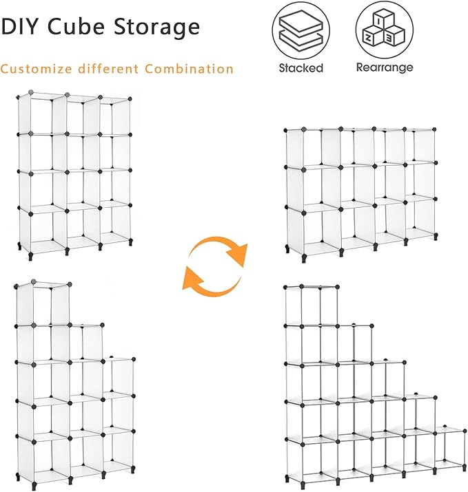 AWTATOS Cube Storage Organizer Storage 12 Cube Bookshelf DIY Plastic Closet Storage Shelves with Wooden Mallet, Ideal Storage Solution for Home, Bedroom, Translucent White