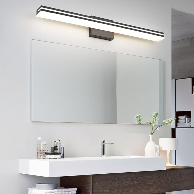 SineRise LED Modern Bathroom Vanity Light Bar (32-Inch, 3000K/4000K/6000K), Matte Black Dimmable Modern Acrylic Bathroom Wall Lighting Fixtures Over Mirror