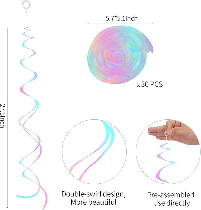 30 Pieces Iridescent White Hanging Swirls, Foil Swirl Hanging Decorations Plastic Steamers for Ceiling, Dangling Whirls Wedding Baby Shower Birthday Party Decorations