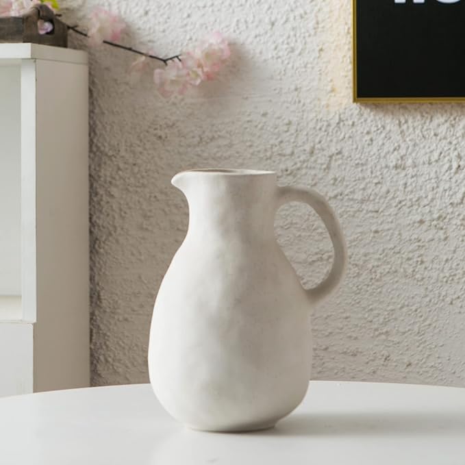 Kimdio Ceramic Vase with Handle, Modern Farmhouse Pitcher Vase for Home Decor, Rustic Pottery Vase, Decorative Flower Vase, Clay Vase, Centerpieces for Living Room