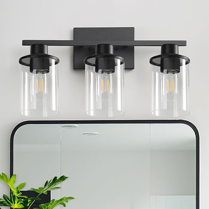 LOUSACE 3 Light Bathroom Vanity Light, Matte Black Bathroom Light Fixtures, Modern Bathroom Lights Over Mirror with Clear Glass Shade, Wall Sconce Lighting for Bedroom Living Room