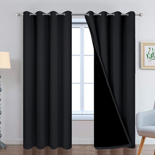 Yakamok 90 Inch Length 100% Blackout Curtains for Bedroom, 2 Thick Layers Thermal Insulated Grommet Total Blackout Drapes with Black Liner for Living Room (52Wx90L,Black, 2 Panels)