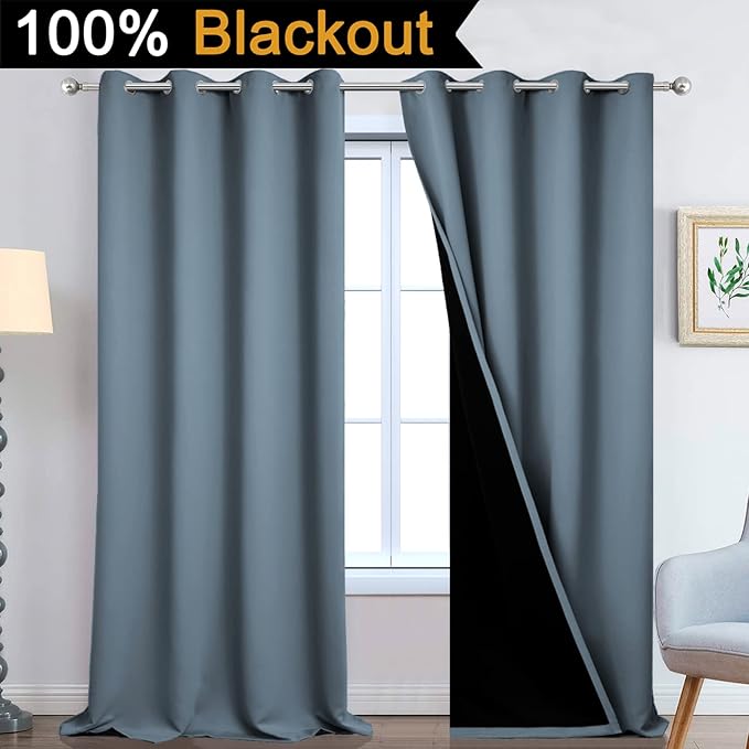 Yakamok 100% Blackout Lined Panels, Room Darkening Thermal Insulated Blackout Curtains for Bedroom, Heat Blocking Drapes for Living Room(52Wx108L, Stone Blue, 2 Panels)