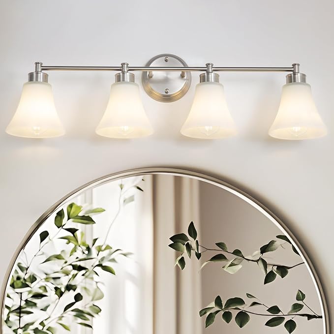 LOUSACE 4 Light Bathroom Vanity Light Brushed Nickel Bathroom Lighting Fixtures Over Mirror with Opal White Frosted Glass, Vintage Traditional Wall Lighting Fixture Satin Nickel Vanity Lights