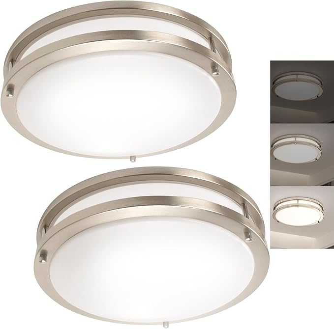 OOWOLF 2-Pack 36W 13inch LED Flush Mount Ceiling Light Fixture Dimmable Brushed Nickel, Easy to Install LED Ceiling Lamp Fixture Without Flicker, Super Bright 3600LM 5000K Daylight White