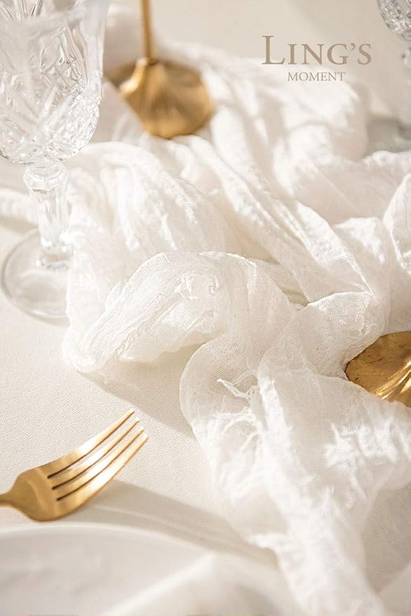 Ling's Moment 10Ft x 35" Wide Brilliant White Gauze Semi-Sheer Table Runner Cheesecloth Tablecloth for Wedding Party Bridal Shower Boho Table Decor