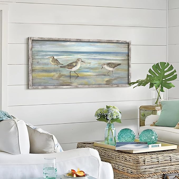 Coastal Beach Framed Birds Abstract Paintings Wooden Prints Wall Art for Bedroom Wall Decor Artworks Pictures Wall Decorations for Living Room Office(48"*24")