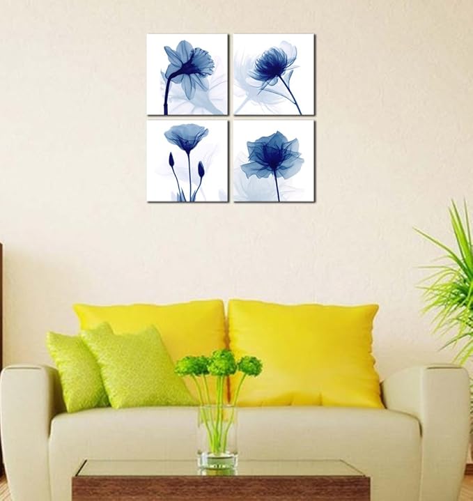 Pyradecor Large Blue Flickering Flower Modern Abstract Paintings Canvas Wall Art Gallery Wrapped Grace Floral Pictures on Canvas Prints 4 Panels Artwork for Living Room Bedroom Office Home Decorations