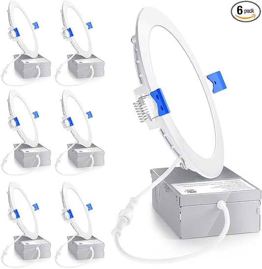 Ensenior 6 Pack 6 Inch LED Recessed Light, Dimmable, 4000K Cool White, 1050LM High Brightness, 12W 120V, Damp Rated, Ultra-Thin Canless Wafer Ceiling Light - ETL & FCC & IC