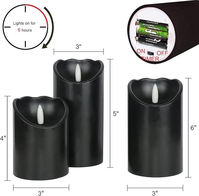Eldnacele Black Flameless Flickering Candles with 6H Timer, 3D Wick Realistic Battery Operated Real Wax LED Pillar Candles Set of 3 Home Wedding Party Halloween Decoration(D3” x H4”5”6”)