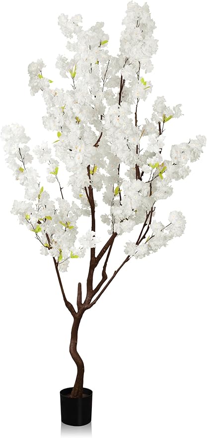 Faux White Cherry Blossom Tree 7ft(84in) Artificial Silk White Flower Tree Lifelike Large Fake Floral Tree for Wedding Realistic Elegant Cherry Sakura Plant in Pot for Home,Living Room,Office Decor