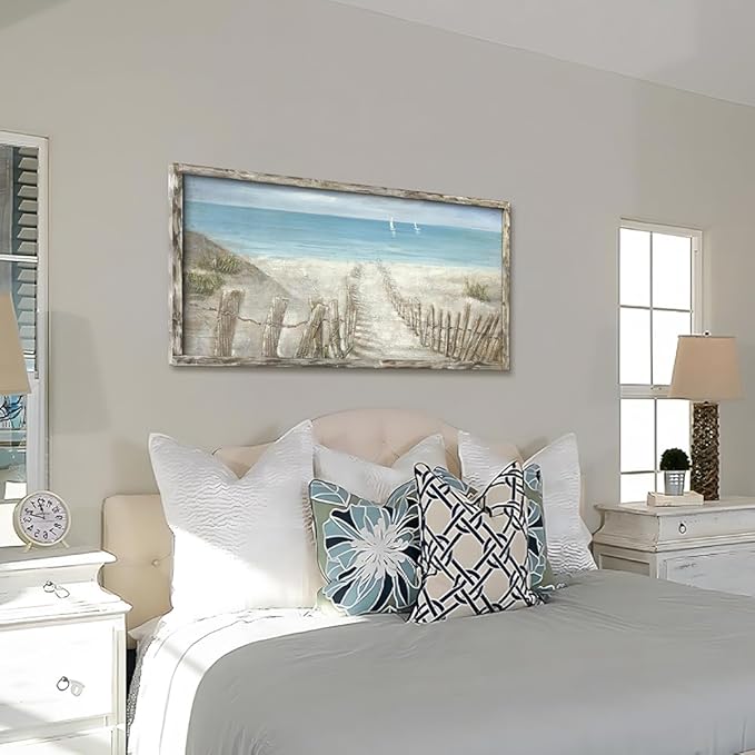Beach Canvas Print Artwork Coastal Ocean Blue Abstract Seascape Picture Wall Art Painting for Bathroom Office Bedroom(48"*24")