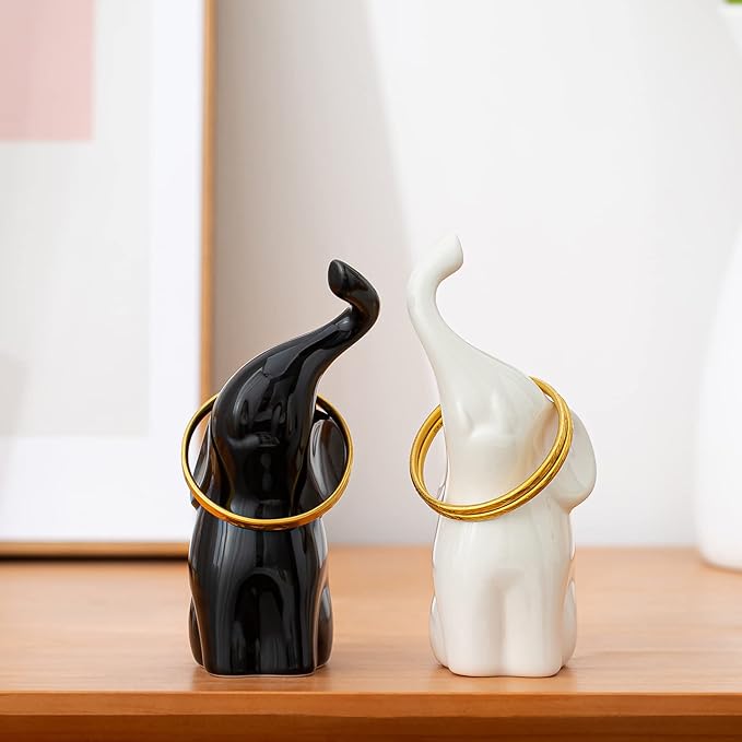 OwMell Set of 2 Loving Elephant Statue Figurine, 6" Elephant Ring Holder, Gifts for Couples Home Lucky Decor - Black White