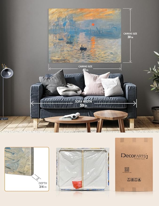 DECORARTS - Impression, Sunrise by Claude Monet, Museum-Quality Giclee Canvas Print, Wall Art Reproduction, 40" W x 30" H, Made in USA