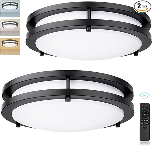 Kalium 14 Inch Flush Mount LED Ceiling Light Remote, Matter Black, 24W, 3000K-6000K CCT, Close to Ceiling, Dimmable Lighting Fixtures for Kitchen, Bedroom, Bathroom. Hardwired, 2PACK.