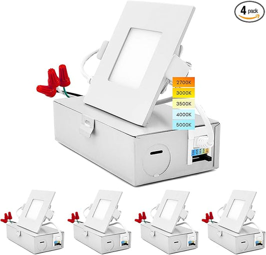 LUXRITE 3 Inch Square Ultra Thin LED Recessed Light with Junction Box, 8W, CCT Color Selectable 2700K | 3000K | 3500K | 4000K | 5000K, Dimmable Wafer Light, 540 Lumens, Energy Star, IC Rated (4 Pack)