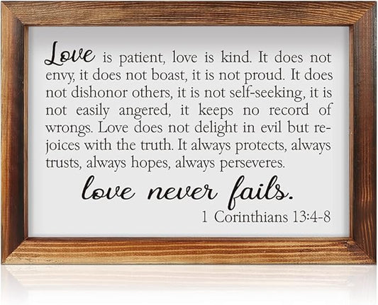 CHDITB Love Is Patient Framed Wood Sign Plaque(16×11), 1 Corinthians Wooden Wall Table Sign with Inspirational Quotes, Vintage Holy Bible Christianity Wall Art Sign for Living Room Farmhouse