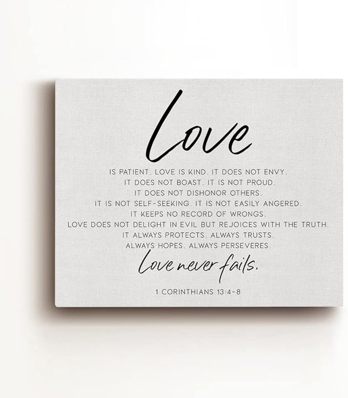 Bible Verse Canvas Wall Art Love is Patient Canvas Print Framed Scripture Painting Artwork Ready to Hang Christian Wall Decor for Home Bedroom Wedding Gift 15x11.5 Inches