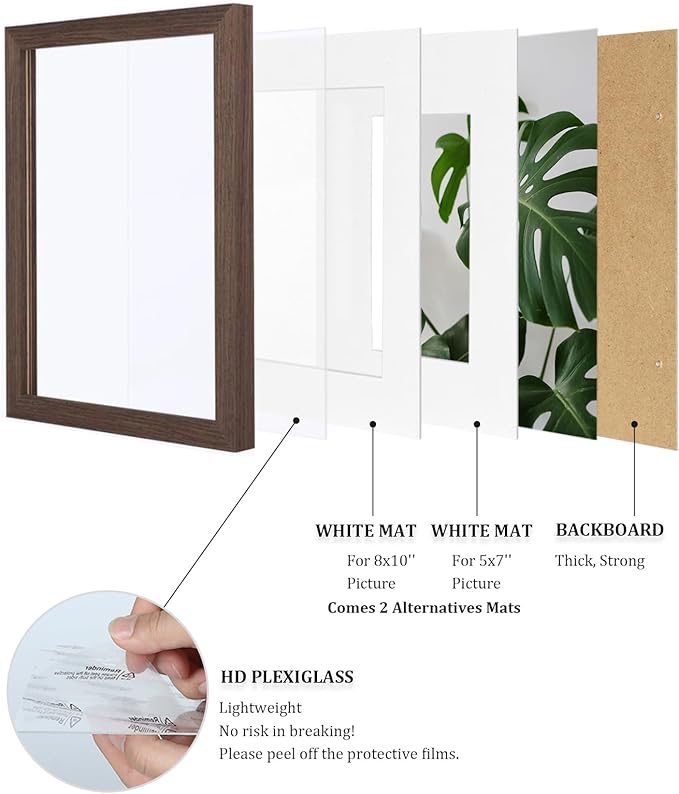 Egofine 11x14 Picture Frames Set of 4, Made of Solid Wood Covered by Plexiglass 5x7 and 8x10 with Mat or 11x14 without Mat, for Table Top Display and Wall Mounting Photo Frame Brown