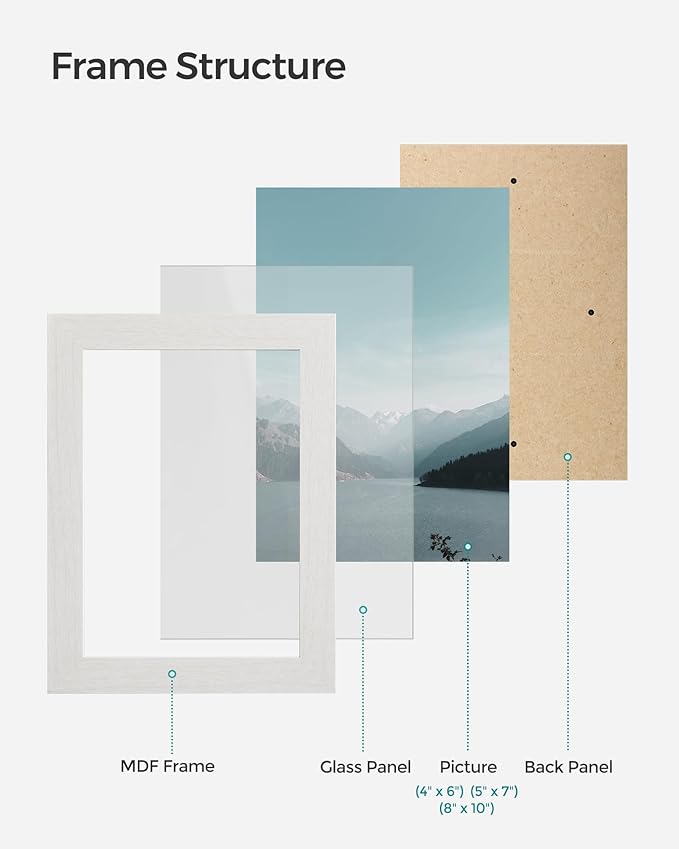 SONGMICS Picture Frames, Collage Picture Frames Set of 10, Two 8x10, Four 5x7, Four 4x6, Photo Frame for Wall Gallery Decor, Table Display, Glass, Cloud White URPF010W01V1