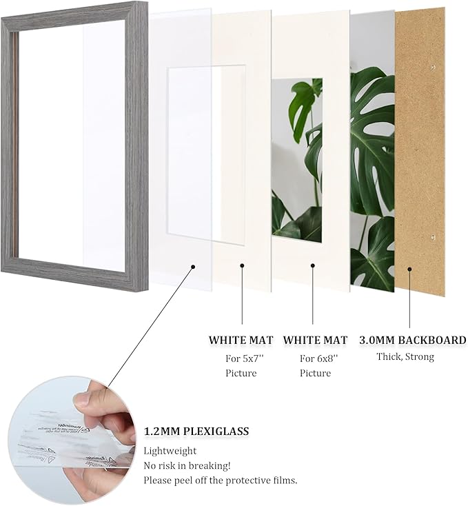 Egofine 8x12 Picture Frames Set of 4, Made of Solid Wood Covered by Plexiglass 5x7 and 6x8 with Mat or 8x12 without Mat, for Table Top Display and Wall Mounting Photo Frame Light Grey