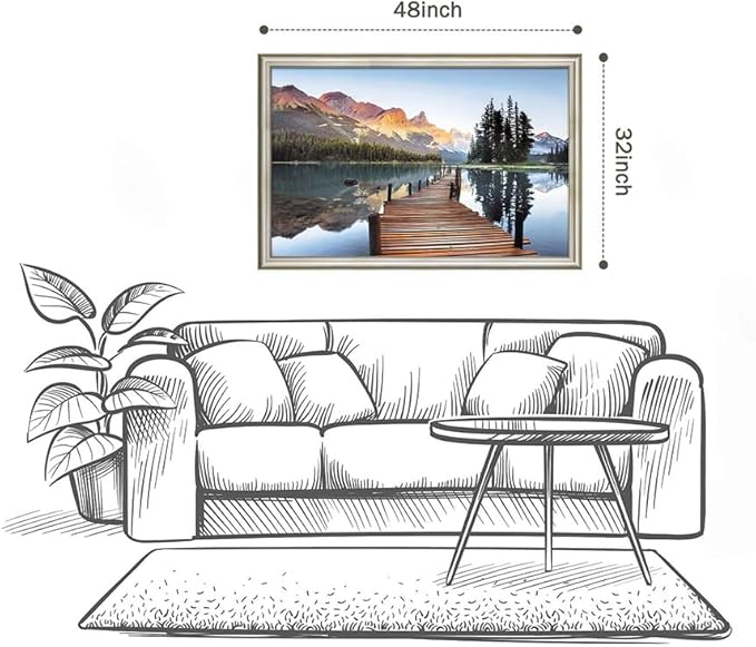 Framed Lake Landscape Wall Art: Mountain Sunset Skyline Painting Boardwalk Water Canvas Artwork for Living Room