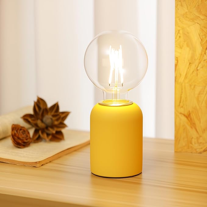 Mini Modern Yellow Concrete Bedside Table Lamp, 3.5 x 3.5 x 8.5 Inch Nightstand Lamps, with Spherical Bulb Round Side Table Lamp for Bedroom Living Room Entryway Table Lamps