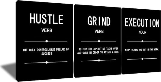 Inspirational Quotes Grind Verb Hustle Verb Execution Noun Motivational Painting Wall Art 3 Pieces Canvas Print Inspiring Office Decor Poster Framed for Wall Art Decoration Ready to Hang[36''Wx 16''H]