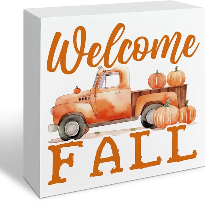 Welcome Fall Wood Sign, Pumpkin Harvest Truck Decor, Front Door Shelves Decoration, Farmhouse Home Decor, Autumn Thanksgiving Decors, Decorative Wooden Table Signs, Rustic Wooden Box Sign A16
