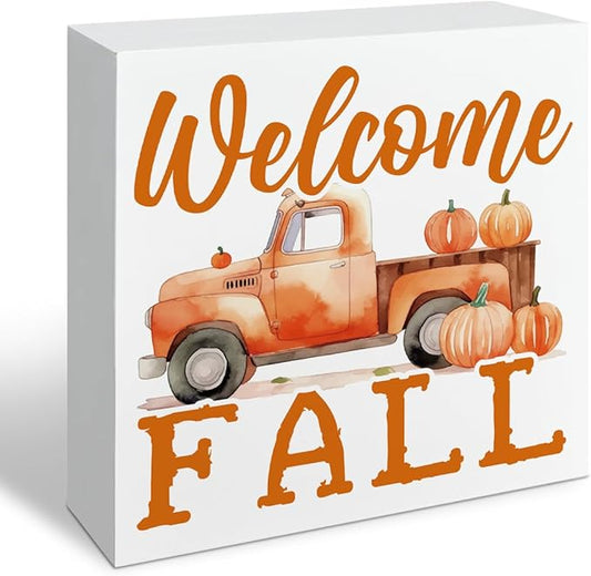 Welcome Fall Wood Sign, Pumpkin Harvest Truck Decor, Front Door Shelves Decoration, Farmhouse Home Decor, Autumn Thanksgiving Decors, Decorative Wooden Table Signs, Rustic Wooden Box Sign A16