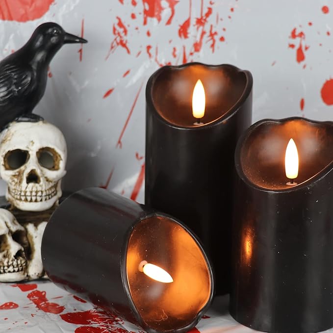 Eldnacele Black Flameless Flickering Candles with 6H Timer, 3D Wick Realistic Battery Operated Real Wax LED Pillar Candles Set of 3 Home Wedding Party Halloween Decoration(D3” x H4”5”6”)