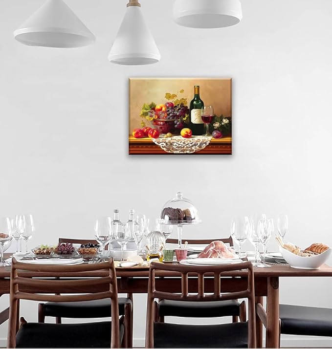 Retro Wine Pictures for Kitchen, PIY Vibrant Fruits Wall Art for Dining Room, Canvas Prints Oil Painting Reproduction of Vintage (Waterproof Artwork, Bracket Mounted Ready to Hang)