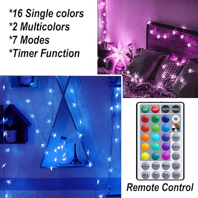 Solhice 20ft Color Changing Star String Lights for Bedroom 40 LEDs, Christmas Hanging Twinkle Lights USB Powered, Bunk Bed Lights for Kids Room Indoor Outdoor with Remote
