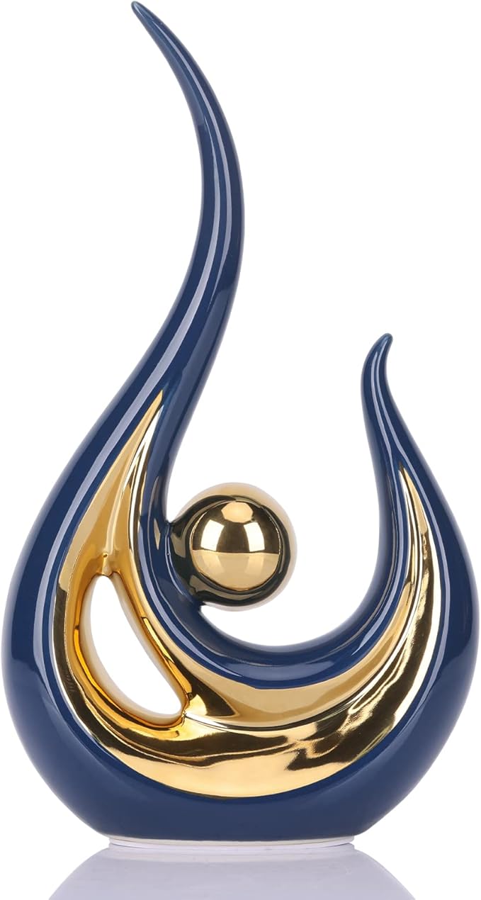 LCCCK Blue Gold Abstract Figurine Statues for Home Decor – Modern Ceramic Sculpture Accent, Decorative Statues for Living Room, Shelf, TV Stand, Office or Coffee Table Centerpiece Art Decoration