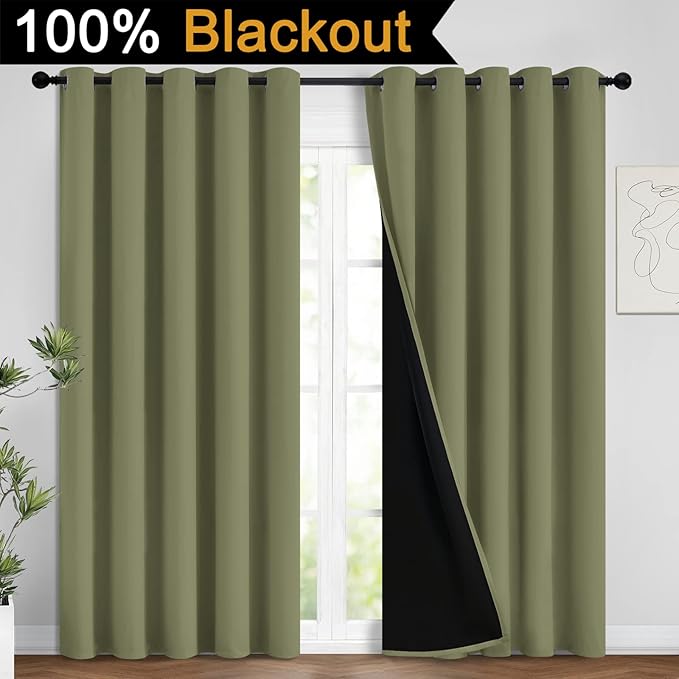 Yakamok 100% Blackout Window Curtain Panels, Heat and Full Light Blocking Drapes with Black Liner for Nursery,Thermal Insulated Draperies (Sage, 2 Pieces, 62Wx96L)