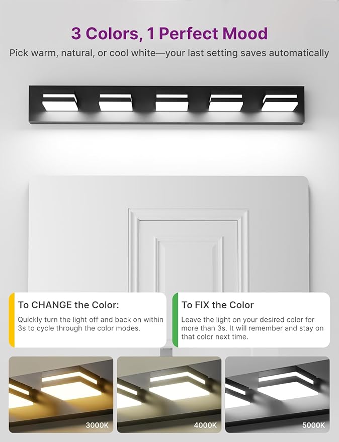 Modern Bathroom Light Fixture Over Mirror, 36" 5-Light Bathroom Vanity Light with Rotatable Heads, Adjustable 3000K/ 4000K/ 5000K, Hardwired, Energy-Efficient LED Vanity Lighting Fixture, Black