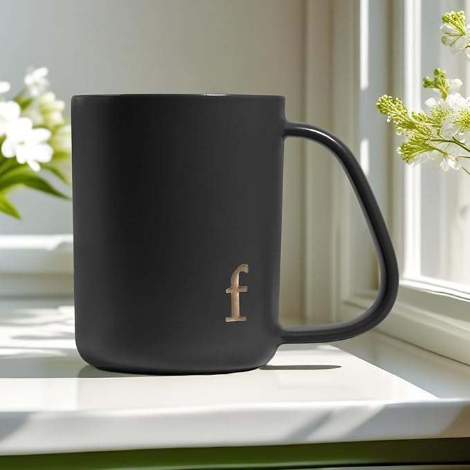 COLLECTIVE HOME - Ergonomic Handle Ceramic Mug, 15 oz Personalized Coffee Cup with Golden Initial, Microwave & Dishwasher Safe, Elegant Monogram Tea Mug in Gift Box for Home & Office (Black-f)