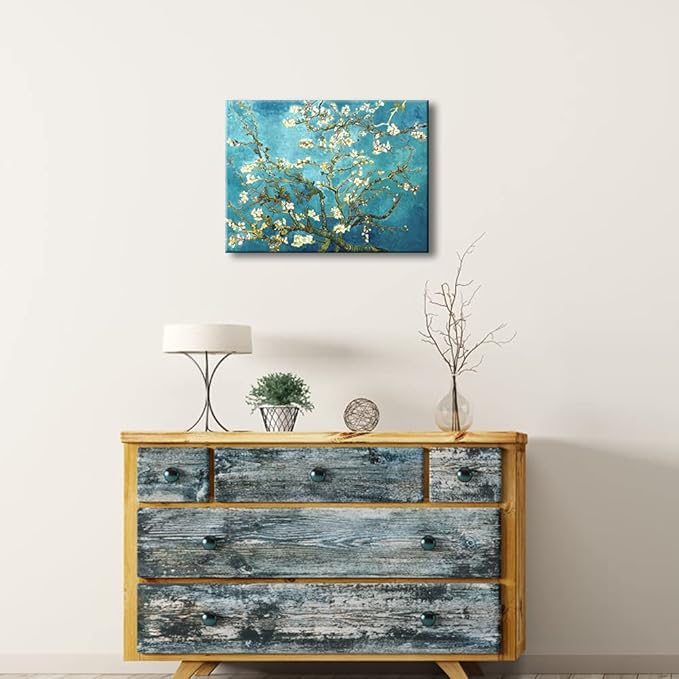Wieco Art Almond Blossom Modern Framed Floral Giclee Canvas Prints By Van Gogh Famous Oil Paintings Reproduction Flowers Pictures on Canvas Wall Art Ready to Hang for Bedroom Home Decorations