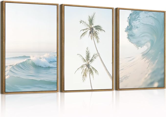 ANHUIB Large Seascape Wall Art Ocean Waves Paintings Coconunt Tree Wall Decor Coastal Art Print 16x24 Inch Set of 3 for Living Room Bedroom Office