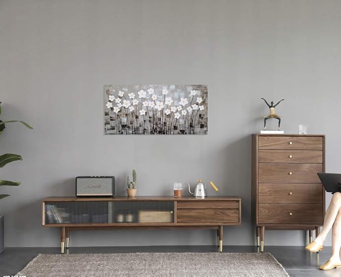 Yihui Arts Flower Canvas Wall Art Hand Painted Large 3D Grey and White Painting Modern Abstract Aesthetic Pictures Artwork for Living Room Bedroom Kithchen Decoration