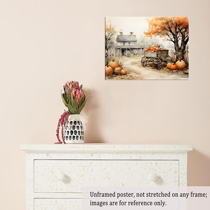Autumn Farmhouse Sketch posters Gallery Canvas Print Wall Art Vintage Farmhouse Decor Autumn Art Fall Landscape Pumpkin Decoration 24x36"Unframed
