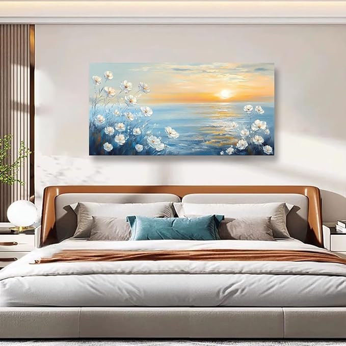 Seascape Pictures Canvas Wall Art for Living room Office Bedroom Wall Decor, Natural Landscape Wall Art Print Modern Noble White Flower Oil Painting Artwork Waterproof Ready to Hang-20x40inch