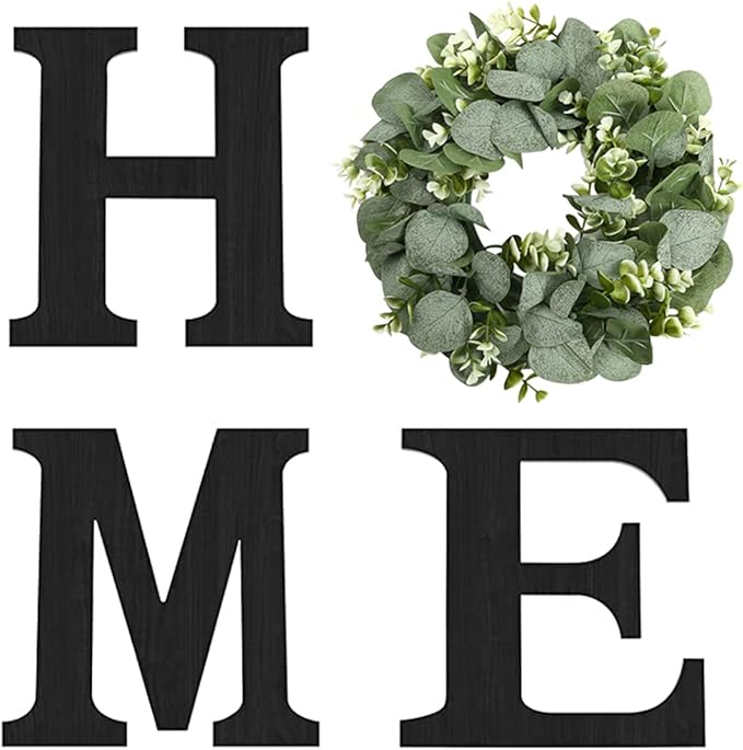 Wood Home Sign with Artificial Eucalyptus Wreath for O, Hanging Farmhouse Wall House Decor - Wood Letters for Art Rustic Home Decor, Wall Decor for Living Room Kitchen Entryway Gift (Black L)