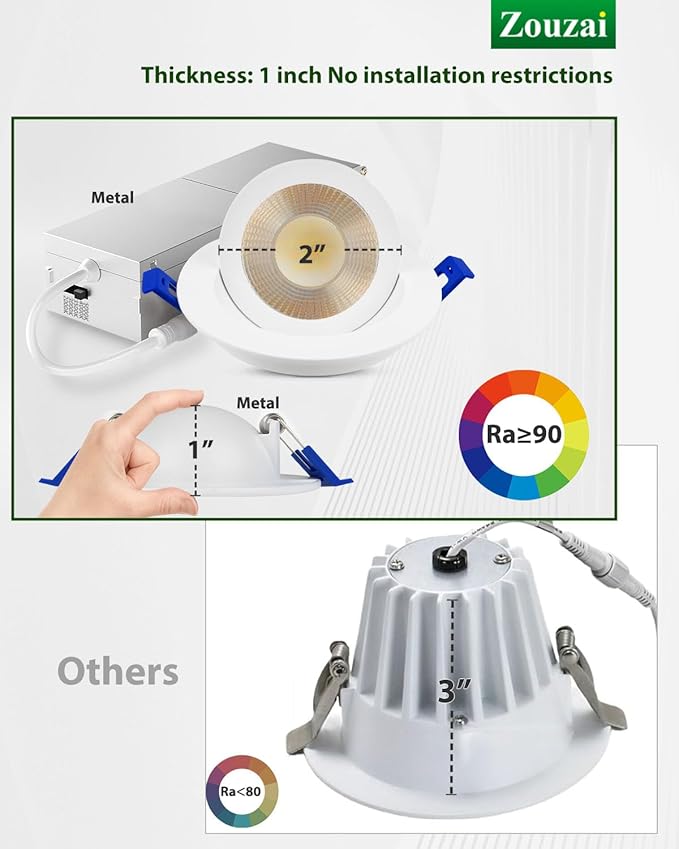 zouzai 5CCT LED Gimbal Led Recessed Light with Junction Box, 360°+90° Adjustable Directional Eyeball Lighting, Dimmable, 2700K/3000K/3500K/4000K/5000K,ETL&Energy Star (White 6 Pack, 2 inch)