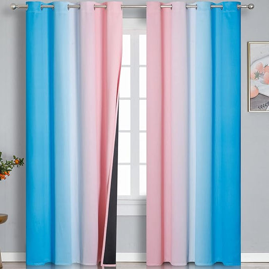 Estelar Textiler Pink and Blue Ombre Blackout Curtains 96 Inches Long, Full Room Darkening Grommet Curtains for Bedroom, Thermal Insulated Gradient Drapes for Living Room,52x96 Inch, 2 Panels