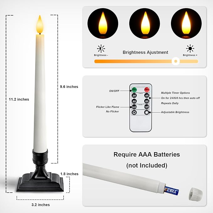 Homemory Wax Window Candles with Remote Timer Dimmer, Battery Operated Candlesticks with Holders, Christmas LED Candlesticks for Window Home Part Decor, 6 Pcs White