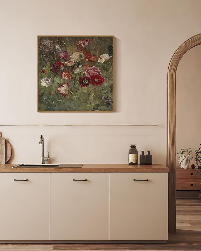 InSimSea Square Framed Canvas Wall Art, Large Decor A Bed of Poppies Paintings, Classical Floral Wall Pictures for Bedroom Bathroom Living Room, Canvas Prints Vintage Home Decor 20"x20"
