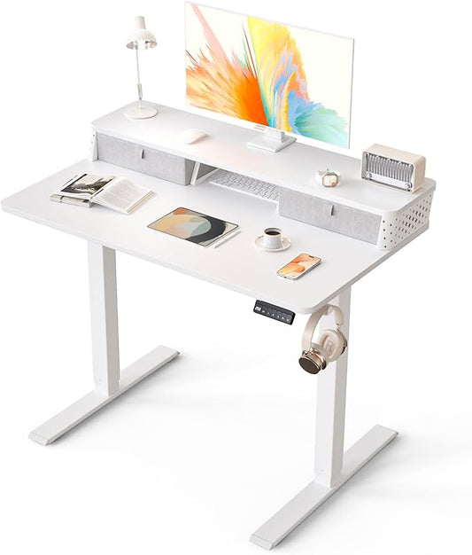 Electric Standing Desk with 2 Drawers 40''x 24'' Small Adjustable Height Sit to Stand Up Desk with Storage Shelf, C-Clamp Mount Compatible White Home Office Desks Computer Desk Ergonomic Workstation